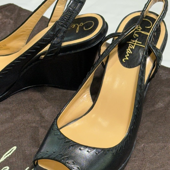 Cole Haan Women's Black Slingback Peep Hole Wedges Leather New - Picture 7 of 8